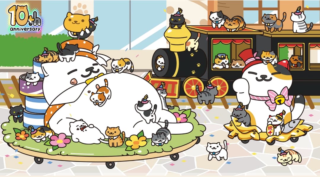 A group of adorable Neko Atsume cats playing in a colorful backyard